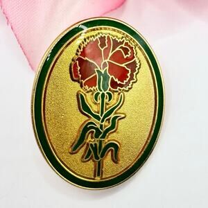 Vintage Red Carnation Flower Lapel Pin Valley Casting Signed Oval Enamel Lacquer